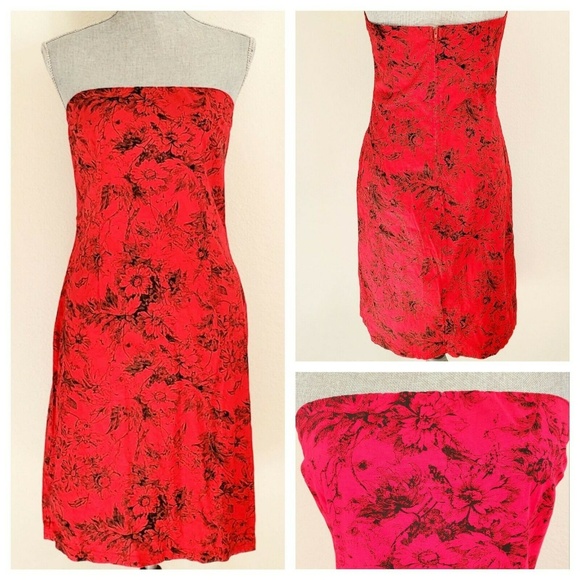 🖤VINTAGE 90s Peep Studio Rose Red Strapless Dress - Picture 7 of 9